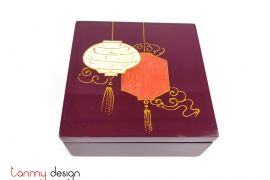 Purple square lacquer box hand-painted with lanterns 15*H6 cm